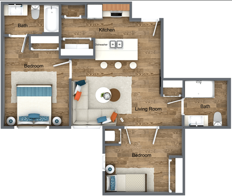 Floor plan for 2 beds, 2 baths, 877 sqft